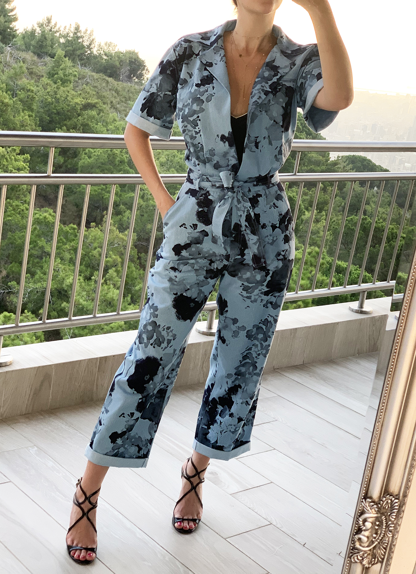 denim floral jumpsuit